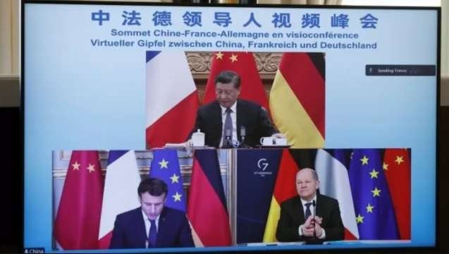 俄罗斯入侵乌克兰的军事行动持续了十三天后,法国总统马克龙、德国总理朔尔茨与中国国家主席习近平3月8日举行了视频峰会